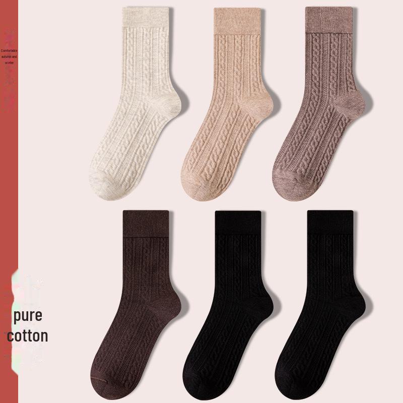 Women's Retro Twist Pure Cotton Mid-Tube Socks - Antibacterial, Deodorant, Autumn/Winter, White Long Socks.