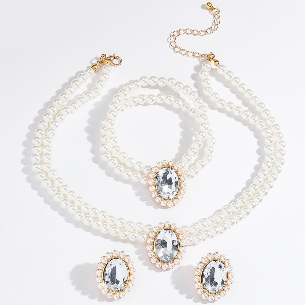 3 pcs Luxury-lite style short pearl imitation earrings and necklace, green turquoise bead string, ethnic style fashionable set