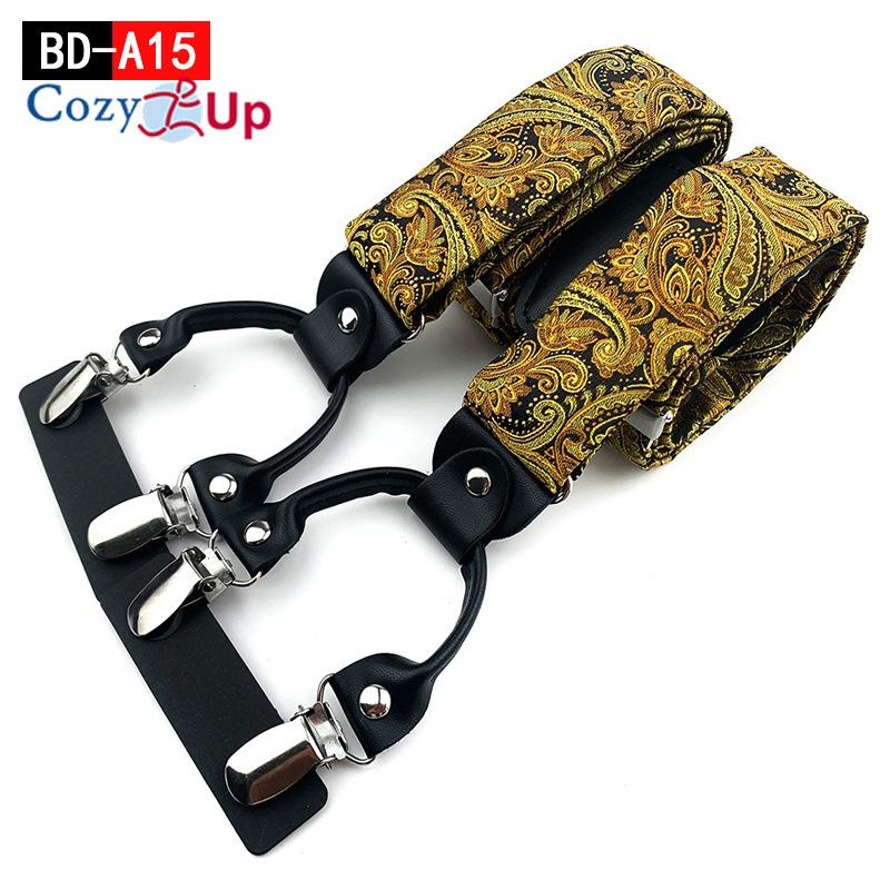 Suspensórios masculinos adultos em forma de Y com 6 clipes em tecido jacquard de couro com alça traseira elástica ajustável com ganchos giratórios e tiras elásticas nas costas em Y