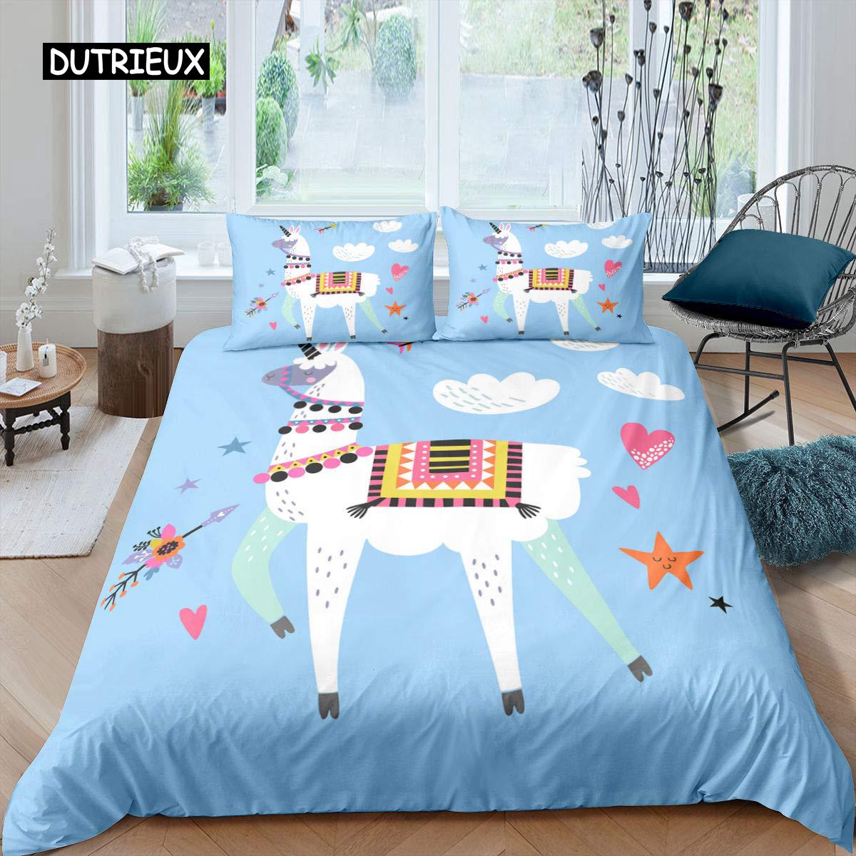 

Alpaca Duvet Cover Set Cute Sloth Comforter Cover Cactus Funny Animal Bedding Set Polyester Love Heart Cartoon Style Quilt Cover US King(264x228cm)