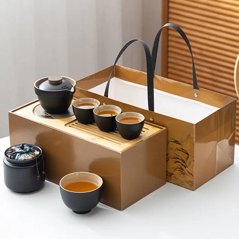 Travel tea set Kuaike cup, one pot, three cups, portable cover bowl, small set, outdoor kung fu set, tea advertising gifts