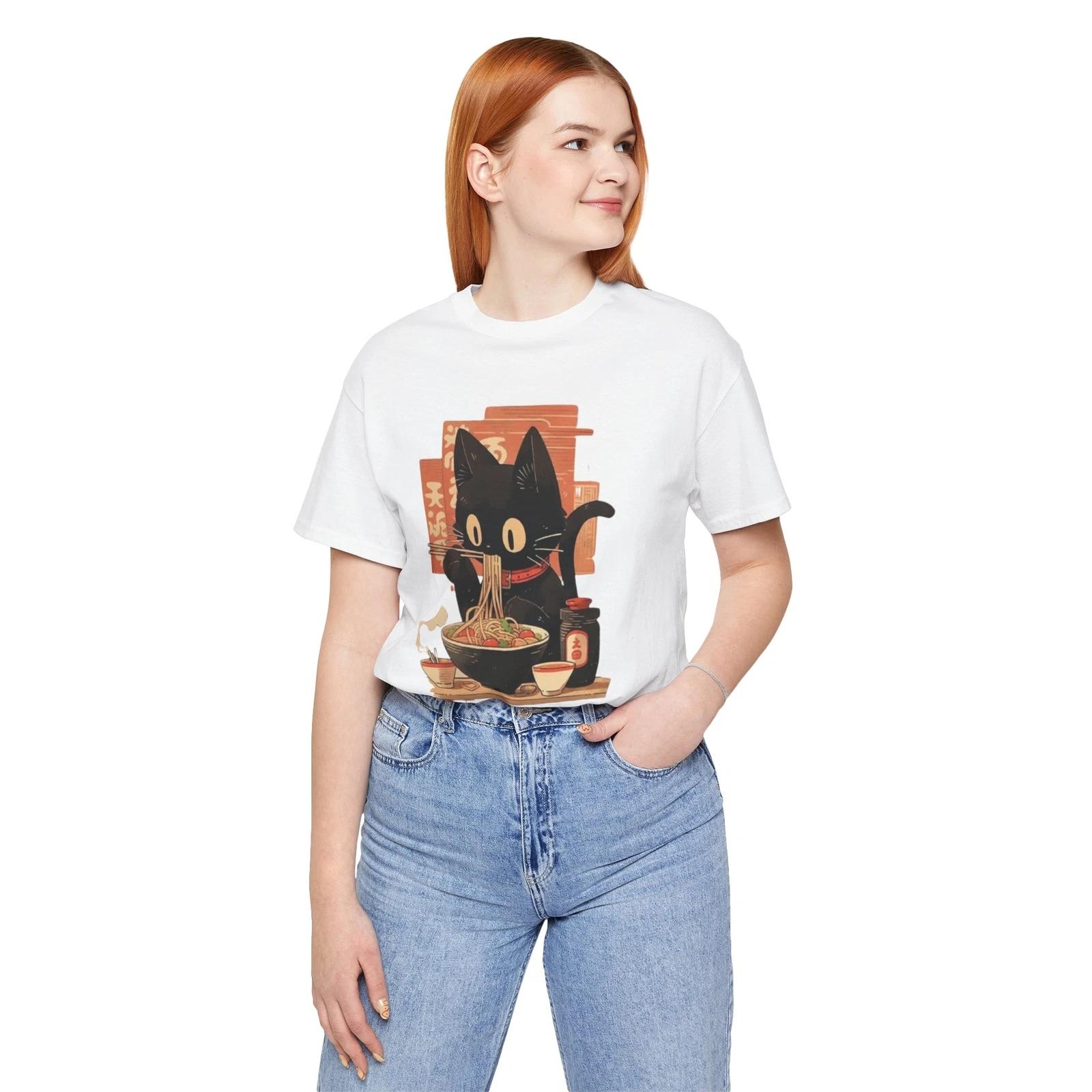 Cartoon Black Cat Unisex Tee - Funny Cat Eating Pho Shirt 2XL