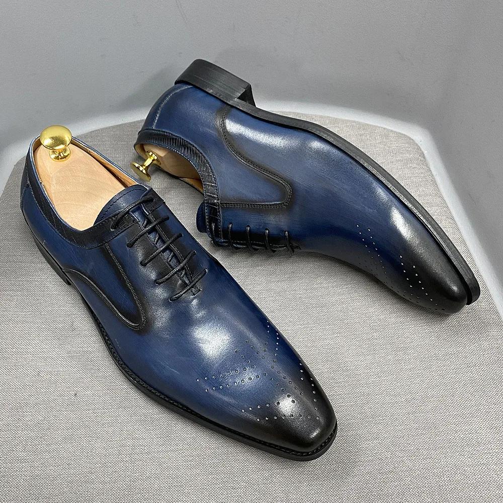 Fashion Men's Blue/Black Genuine Leather Oxford Dress Shoes Handmade Luxury Lace-Up Formal Office Business Wedding Footwear
