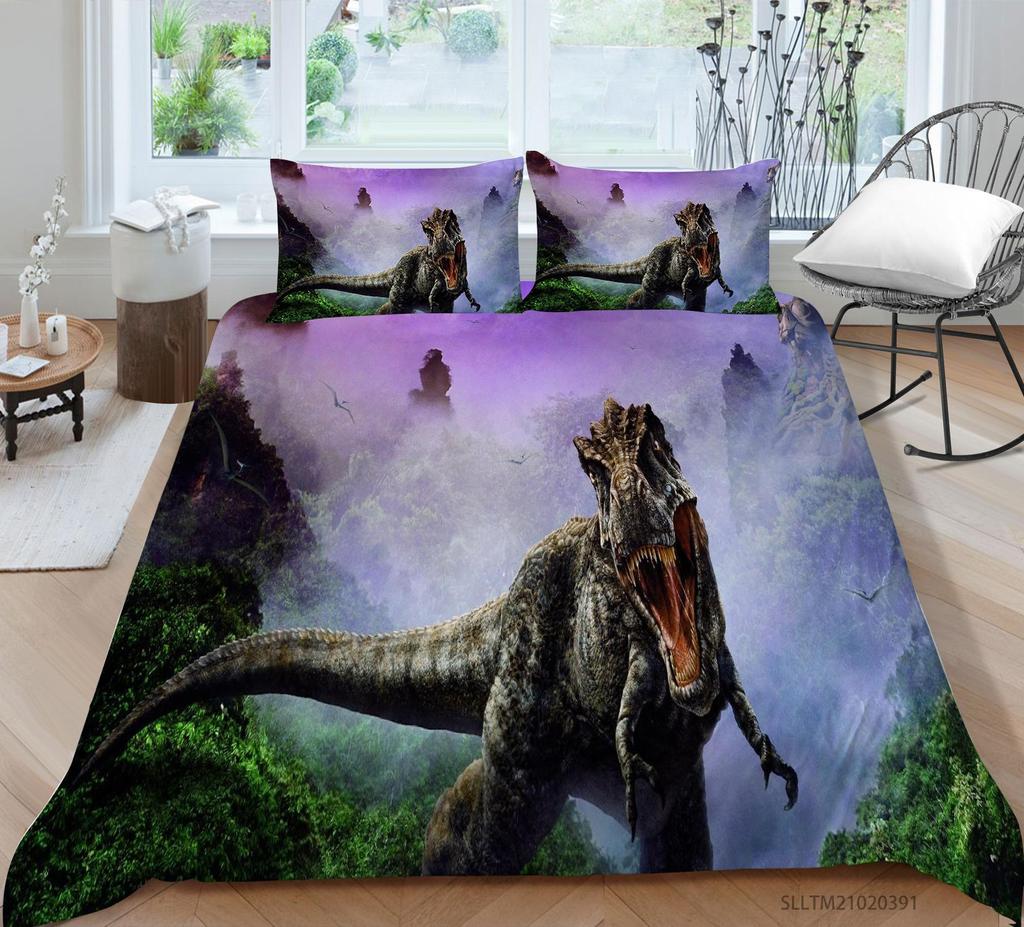 Fierce Beast Dinosaur Print Bedding Quilt Cover and Pillowcase Full-size Color Cartoon Dinosaur Pattern Comfortable and Luxurious Home Decoration