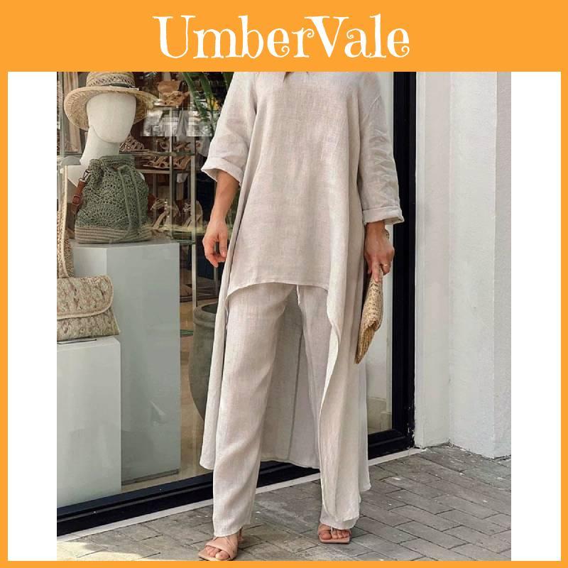 Cotton Linen Casual Woman Set With Irregular Long Sleeve Hoodie And Wide Leg Pants For Spring Fashion Comfort