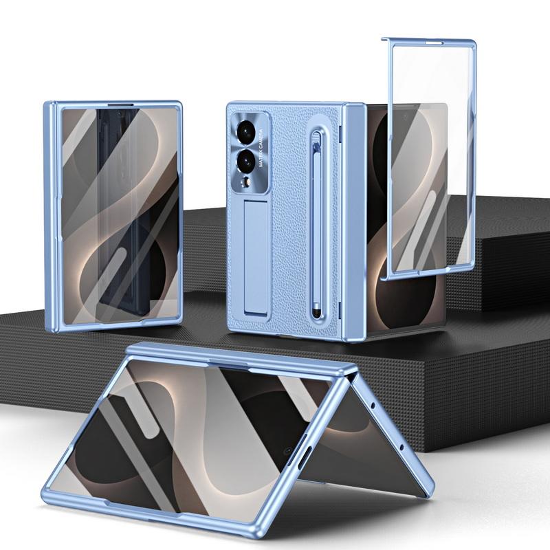Plating Leather Phone Case For Samsung Galaxy Z Fold 8 Wide 7 6 5 4 TriFold Luxury Hidden Bracket Cover with Pen Slot & S Pen Screen Protector Film