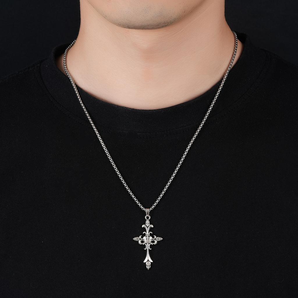 European and American Retro Cross Necklace Men's Pendant Neck Chain Versatile High-end Sweater Chain Women's Simple Jewelry Trend