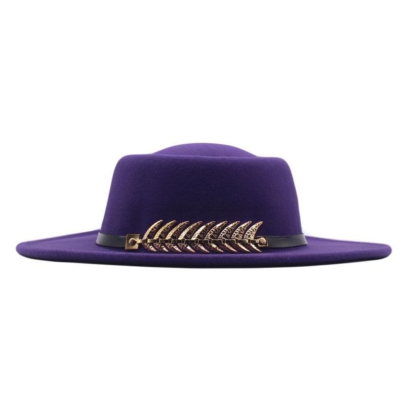 Autumn and winter new women's flat top wide brimmed hat imitation wool top hat felt hat fishbone metal buckle concave shape multi-color