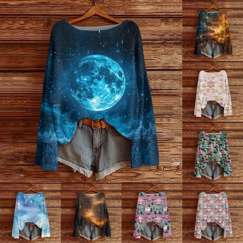 Ladies' Fashionable Casual Long Sleeved Christmas Printed Round Neck Knitted Yarn