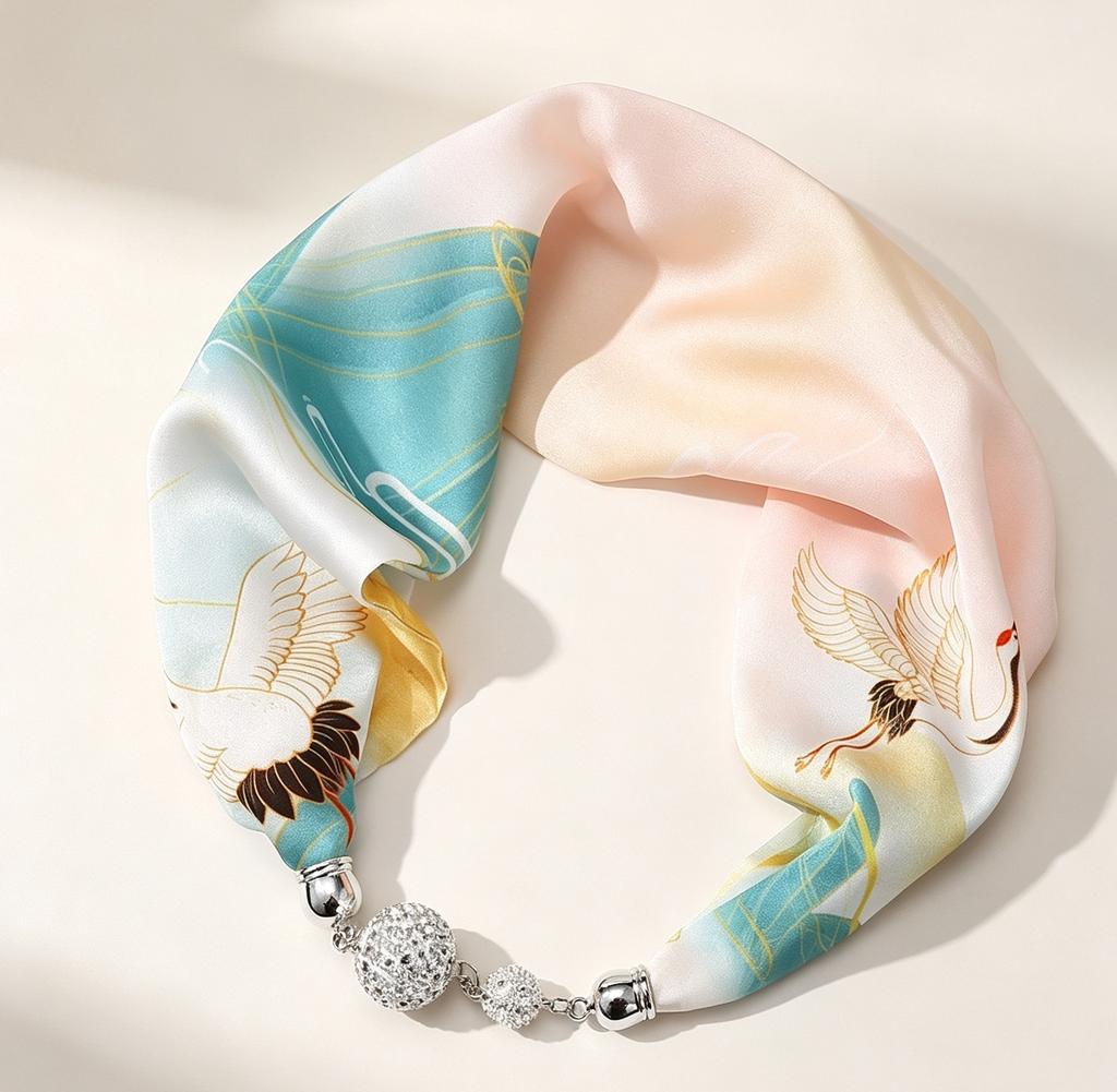 Internet celebrity explosion spring and summer magnetic attraction no knots small silk scarf pearl diamond ball high sense small scarf lazy thin scarf