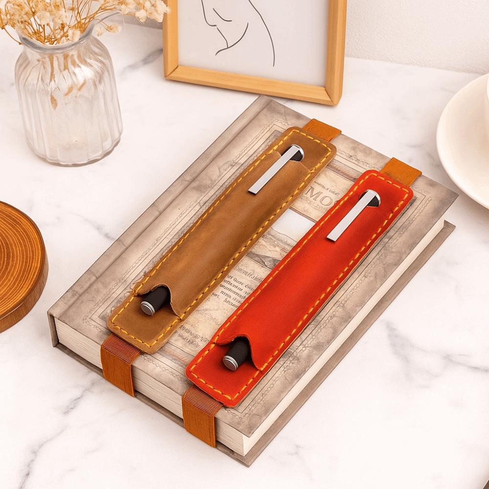 Elastic Band Pen Case Holder Crazy Horse Leather Portable Pen Pouch Leather Pencil Bag  Anime Fan