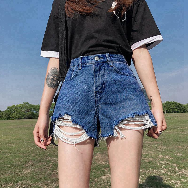 Classic and Minimalist Fashion Versatile Black Women's High-waisted Loose Summer Broken Holes Thin Burlap Wide-legged Son Denim Shorts Individuality