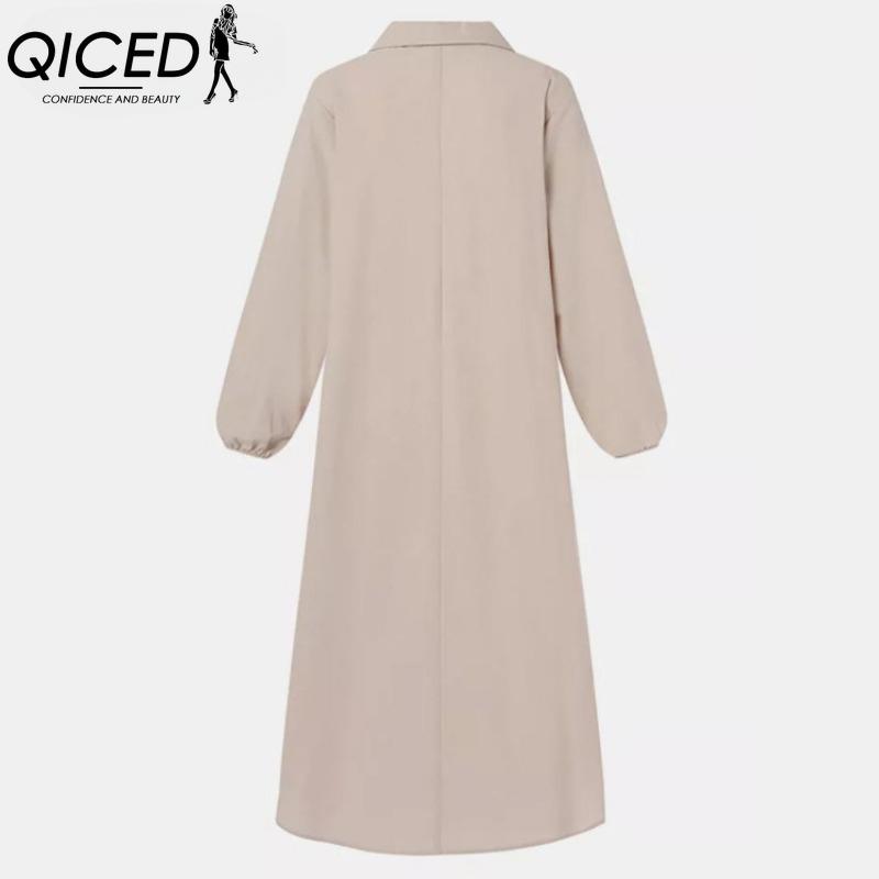 QICED Women's Fashion Spring Autumn Solid Color Print Long Sleeve High Waist Casual Dresses