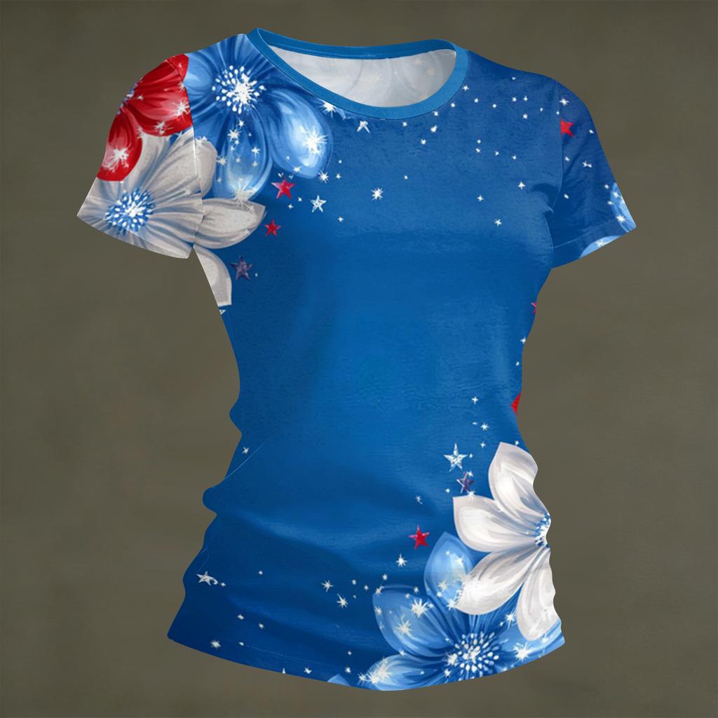 Women's Fashion Round Neck Independence Day Print Short Sleeve Loose Crewneck T-Shirt Top