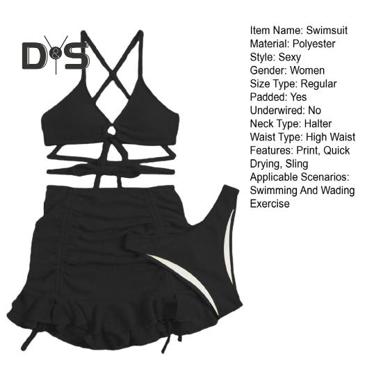 3-teiliges Badeanzug-Set für Damen, einfarbig, Wellenstruktur, sexy, geteilter Bikini mit Kordelzug, Rüschenbesatz, Rock, Schnürung, Strandmode