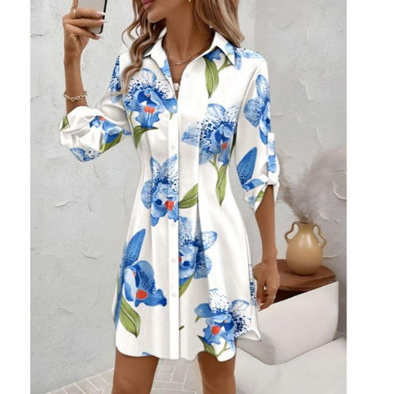 

Autumn New Western Style Lapel Floral Pattern Single-Breasted Fashion Commuter Mid-Length Long sleeve Shirts Top Women Orchid M