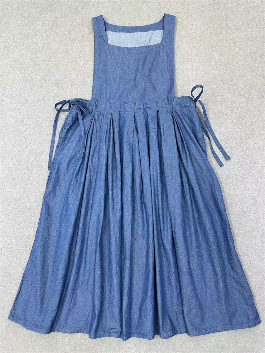 

Johnature Retro Double-side Lace-up Waist-cinching Dress Loose Sleeveless Strap Casual Women Dress For Layering One Size