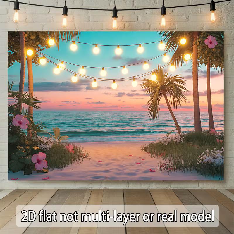 2D Summer Beach Party Banner, String Light Palm Tree Backdrop for Decor