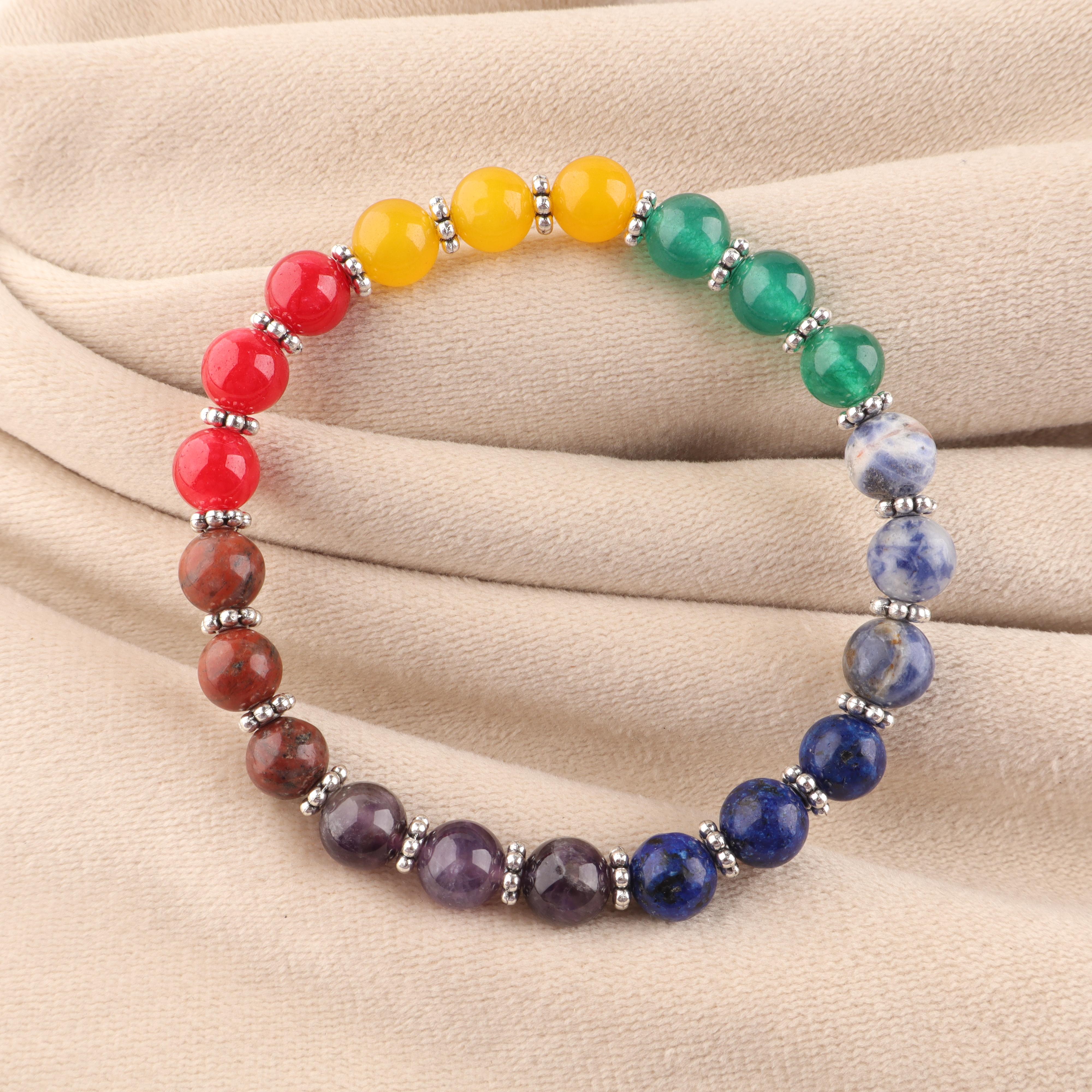 7 Chakra Natural Gemstone Beaded Bracelet, 8mm Multicolor Stretch Bracelet for Men and Women, Yoga and Meditation Jewelry DN-12
