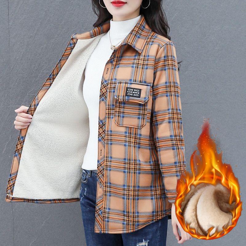 Winter Warm Shirt Autumn and Winter Western Style Mother Plus Velvet Thick Shirt Women's Brushed Thick Top