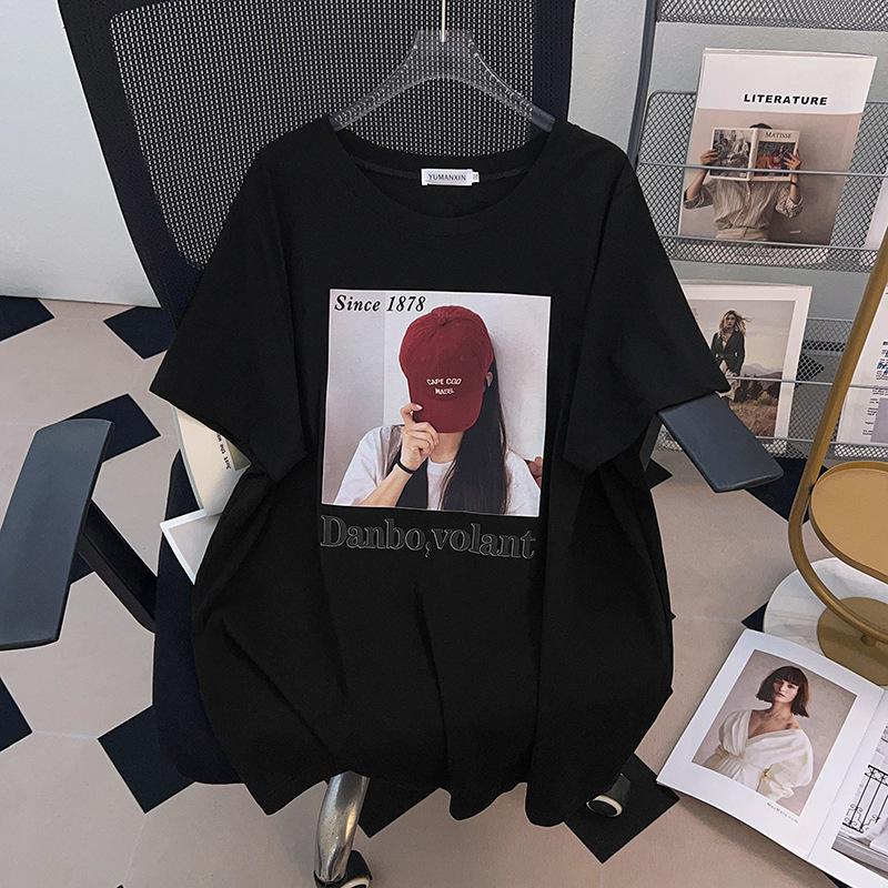Damen Plus Size Mittellanges Rundhals-Schlankheits-T-Shirt (Kurzärmelig) - Bedeckt den Bauch, Erhältlich in den Größen 200/300/350 jin
