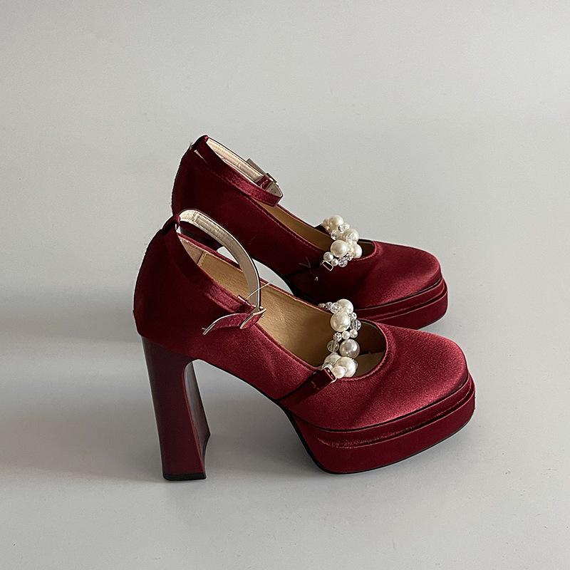 Waterproof table Mary Jane shoes women's spring new commuting heightened square head thick heel satin performance small leather shoes