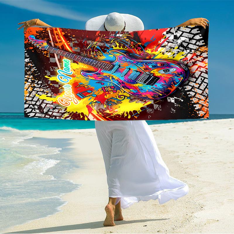 1PC Custom Name Colorful Guitar Artwork Beach Towel Highly Absorbent And Sand-Resistant Towel for Swimming, Pool, Yoga, And Travel Lightweight
