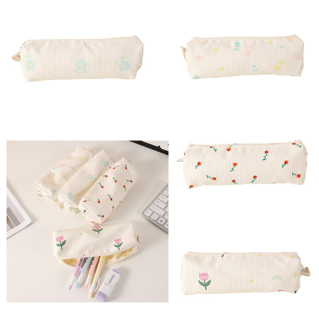 Flower Print Pencil Bag Zippered Pen Case Corduroy Pencil Bag Corduroy Pen Pouches Stationery Bag for Student School