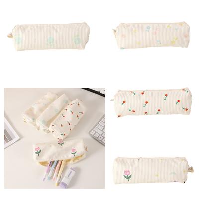 Flower Print Pencil Bag Corduroy Pencil Pouches Zippered Pen Case Stationery Bag Makeup Storage Bag Cosmetic Bag