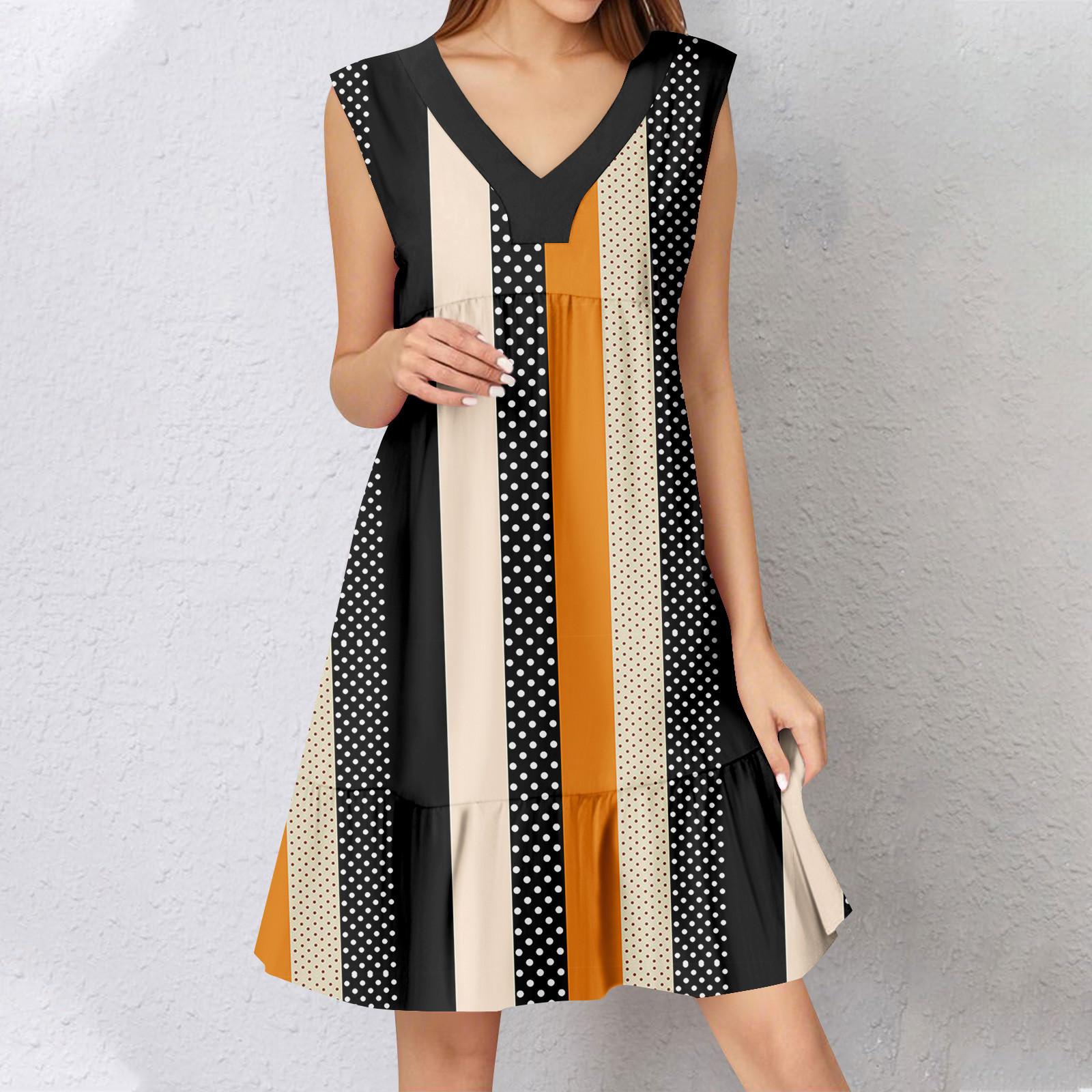 

Женское летнее платье без рукавов с V-образным вырезом и принтом, короткие платья, модное повседневное струящееся бохо-платье с оборками, свободное платье-сарафан XL оранжевый