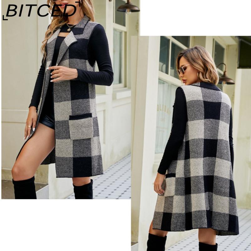 BITCED Women's Longline Blazer-Collar Sleeveless Knit Cardigan Check Jacquard Knitted Vest Outerwear Cardigan