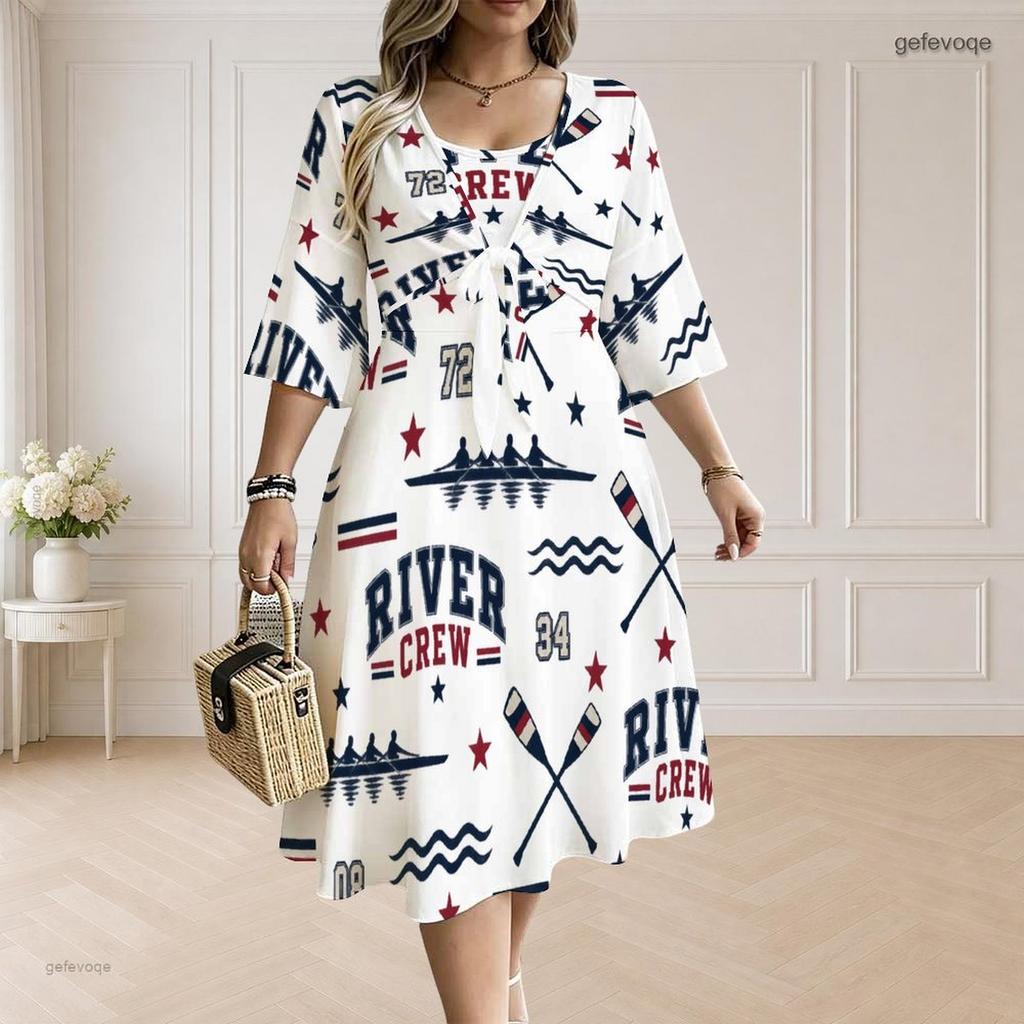 Women Plus Size Sleeveless Two Piece Midi Dress Set Tie Front V Neck 3 4 Sleeve Hiking Print White