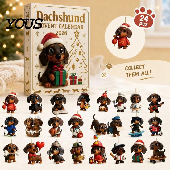 Decorazione per Albero Cucciolo Carino 2026 Calendario dell'Avvento Bassotto con 24 Decorazioni Acriliche 2D Uniche, Decorazione Festiva da Appendere per Natale Scatola Conto alla Rovescia