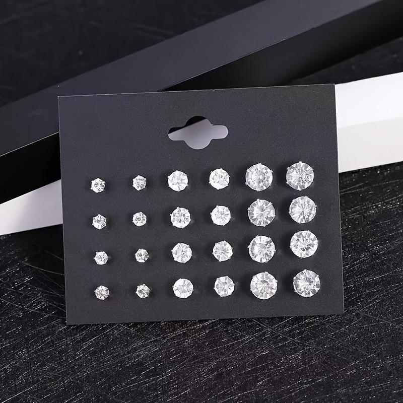 Luxury Zircon & Rhinestone Stud Earrings Set - 12 Pairs серебряный
