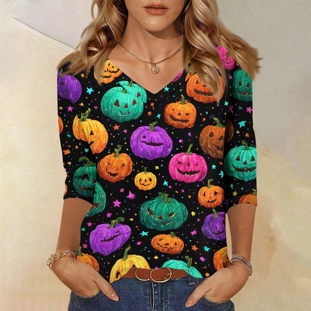 Womens Casual Halloween Print V Neck Three Quarter Sleeve Top Lightweight Soft Fabric Relaxed Fit Pullover Shirt
