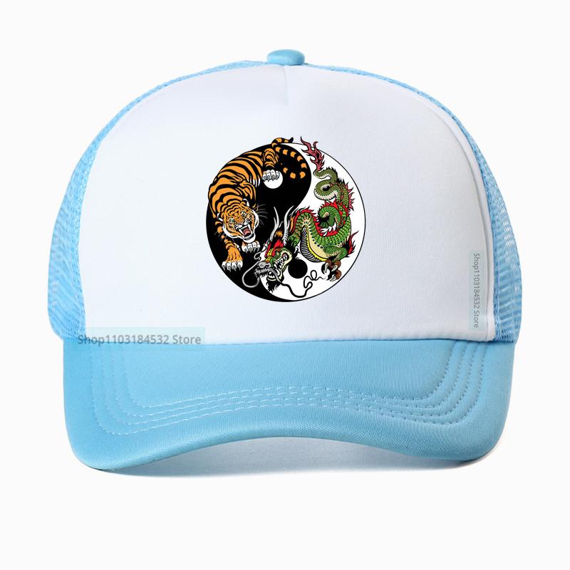 Chinese Dragon And Tiger Tattoo Print Mesh Baseball Cap Summer Adjustable Breathable Trucker Hat Fashion Casual Sun Hats