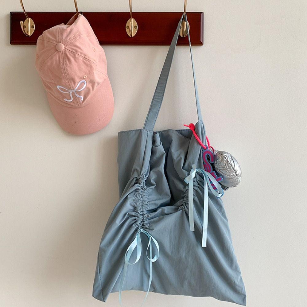 

Bowknot Nylon Ruched Shoulder Bag Fold Silver Tote Bag Casual Bow Drawstring Bag Travel синий