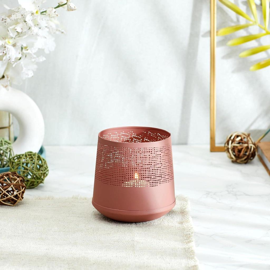 Ornamental Iron Tea Light | Stylish | for Indoors & Outdoors Décor (Terracotta with Gold)
