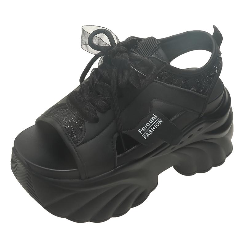 

Fashion 9CM Summer High Platform Sandals Women Breathable Mesh Chunky Sneakers Female Wedges Slippers Hollow out Peep Toe Sandalia Woman 34 чёрный