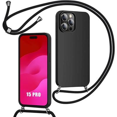 Protective Case for iPhone 15 Pro - E.F.CONNECTION - Soft Silicone - Black - Anti-scratch - Lanyard Included