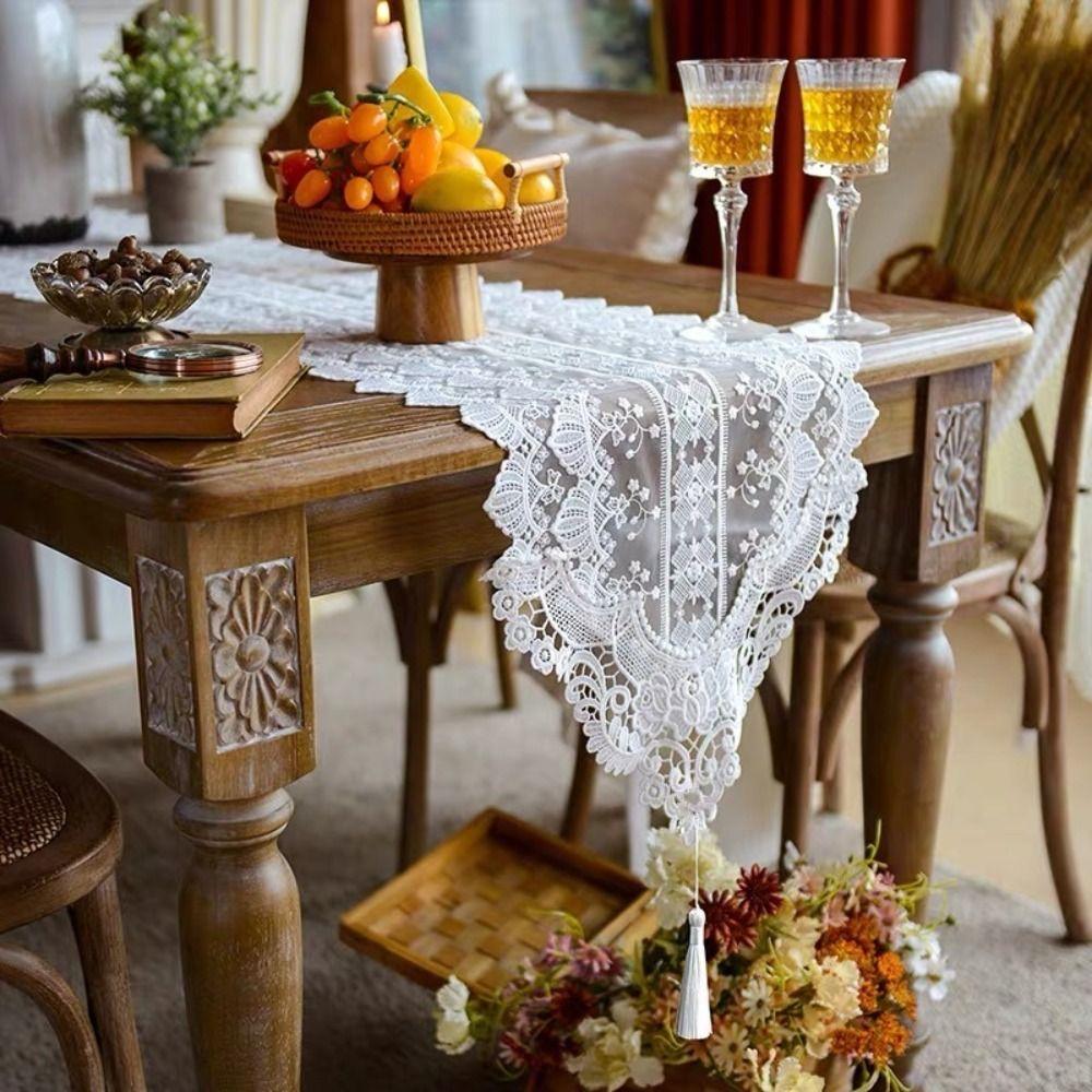 

Vintage Table Cover Woven Tablecloth Banquet Lace Table Runner Party 35*120CM білий