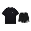 Loose Fit Round Neck Short Sleeve T-Shirt Fashion Simple Striped Shorts Casual Sports Suit Unisex Suit Black AHSU801-2+YAPV001-1
