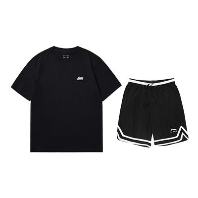 Loose Fit Round Neck Short Sleeve T-Shirt Fashion Simple Striped Shorts Casual Sports Suit Unisex Suit Black AHSU801-2+YAPV001-1