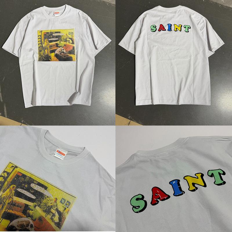 Illustration Printing Ceunisext White Loose Tshirt Unisex Unisex Unisex Colorful Letter Logo Saint T Shirt Heavy Fabric Cotton Tee Tag