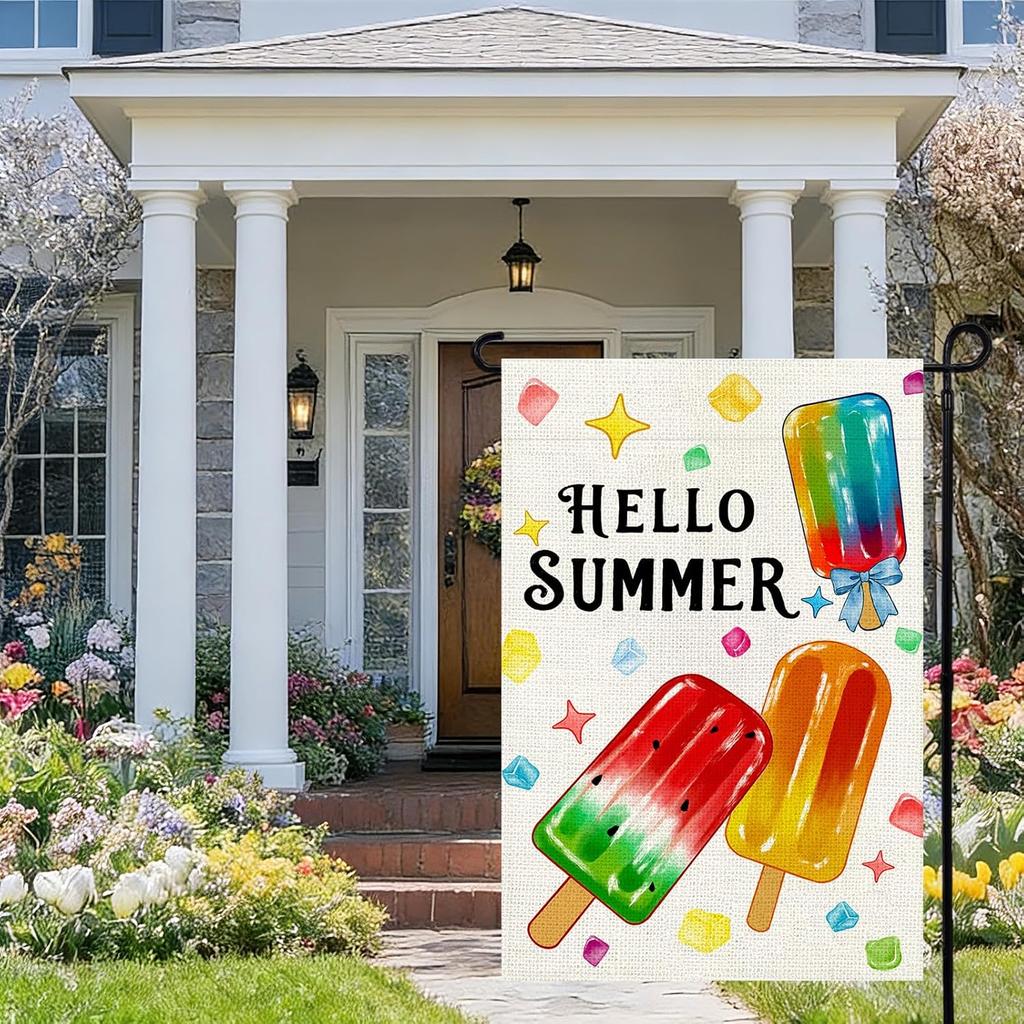 Sommer Gartenflagge 12x18 Zoll, Eis am Stiel Doppelseitige Kleine Jute-Flagge für Hof Außen Dekoration