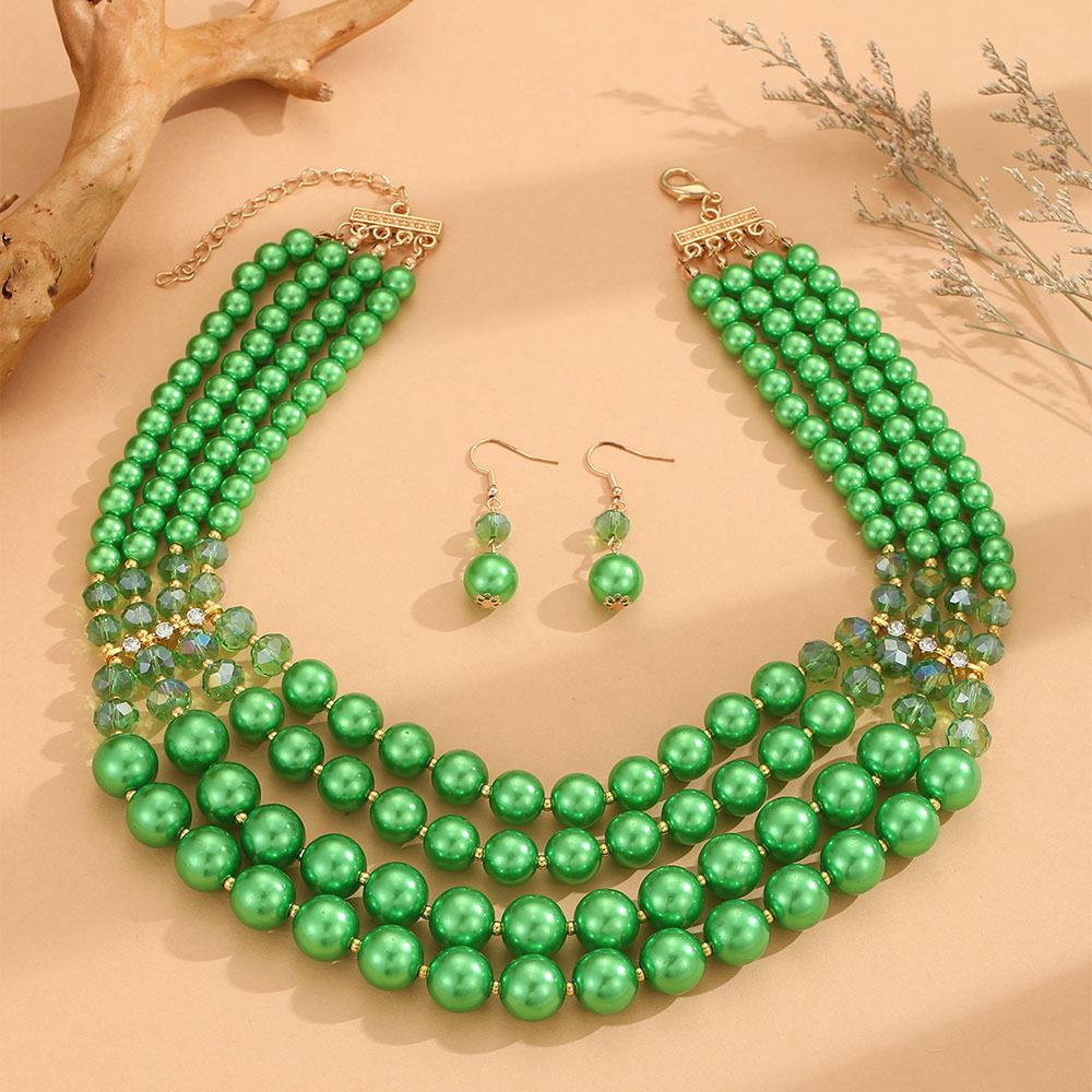 Multi-layer Handmade Imitation Pearl Crystal Beaded Necklace Earring Jewelry Set for Women Party Accessories