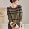 Counter High-end Cotton Yarn Original Large Size Sweater Women's Loose Striped Round Neck Long-sleeved Wool Sweater Top