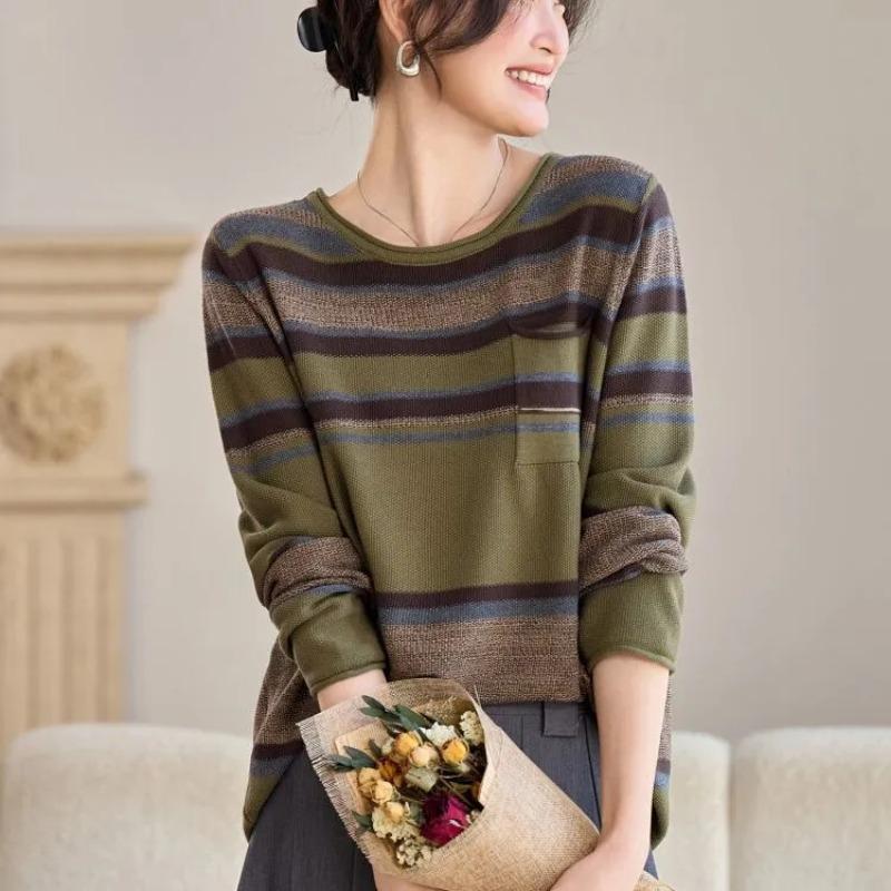 Counter High-end Cotton Yarn Original Large Size Sweater Women's Loose Striped Round Neck Long-sleeved Wool Sweater Top