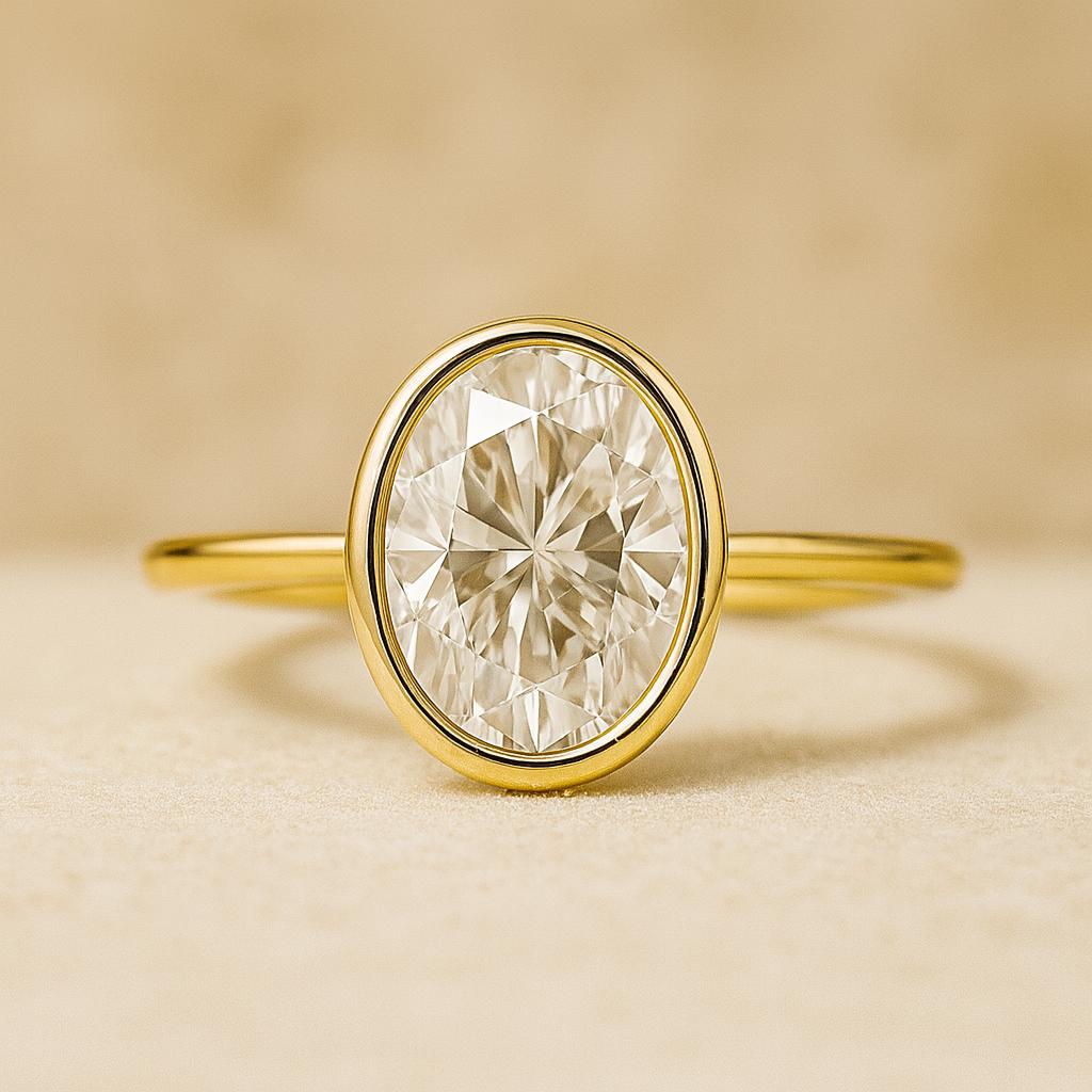 Oval Cut Solitaire Engagement Ring, Bezel Set Yellow Gold Plated Band, Minimalist Bridal Jewelry, Promise Ring for Her