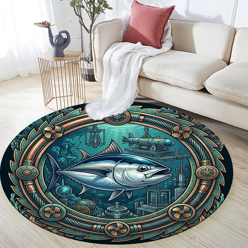 Underwater Mechanical Fish Scene Round Area Rug Under Office Chairs Bedroom Living Room Home Decor